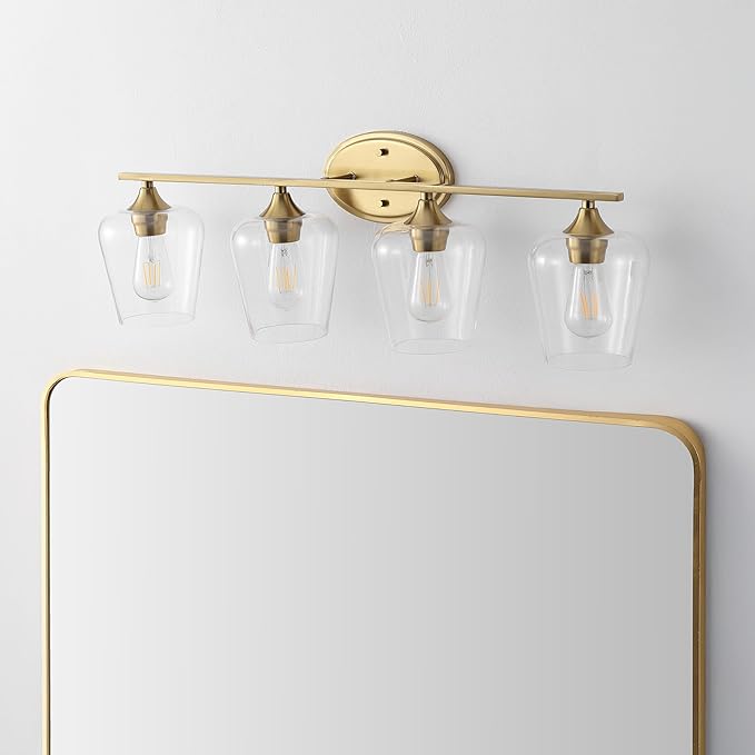 JONATHAN Y 32" Brass Gold 4-Light Farmhouse Rustic LED Vanity Light Sconce, Clear Glass Shade, Vintage Indoor Fixture for Bathroom Mirror, LED Bulb Included (JYL7548B)