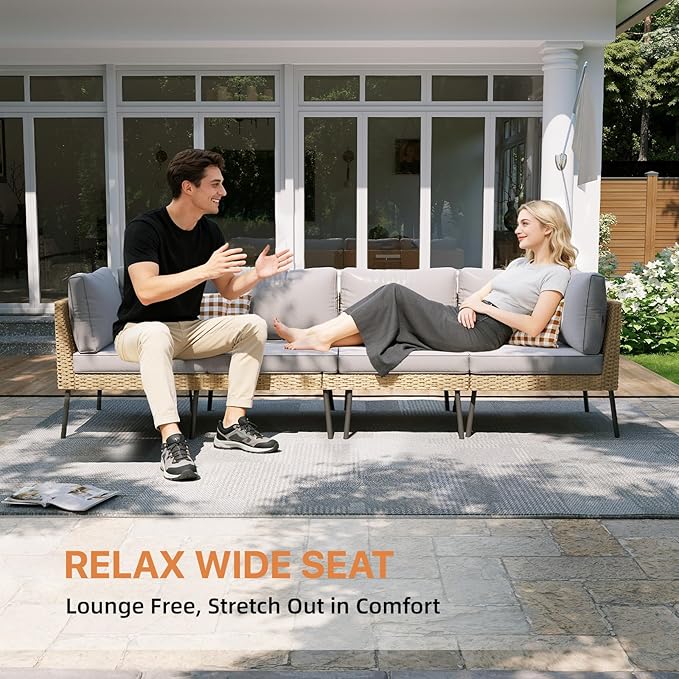 Aoxun 6-Piece Patio Furniture Set, Wicker Outdoor Furniture with Water Resistant Thick Cushions, Patio Conversation Set Outdoor Sectional Sofa with Coffee Table for Backyard Poolside, Light Grey