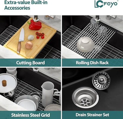 33 x 19 Inch Undermount Granite Composite Kitchen Sink Matte Black Quartz Workstation Single Bowl Deep Modern Design with Accessories