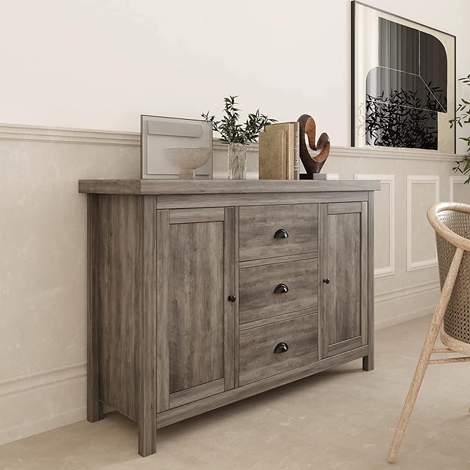 Kitchen Sideboard Cabinet Buffet with Heavy Duty Wooden Structure, 3 Drawers and 2 Doors with Ample Storage Space in Gray