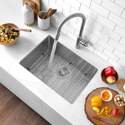 Stylish Undermount Kitchen Sink 25 x 18 Inch 16G Stainless Steel Sink 10mm Radius Corners Single Bowl Kitchen Sinks with Bottom Grid and Luxury Basket Strainer, S-312XG