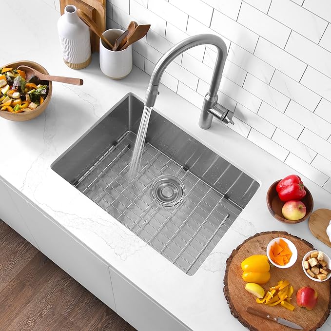 Stylish 23 x 18 Inch Undermount Kitchen Sink 16G Stainless Steel 10mm Radius Corners Single Bowl Kitchen Sinks with Bottom Grid and Luxury Basket Strainer, S-307XG