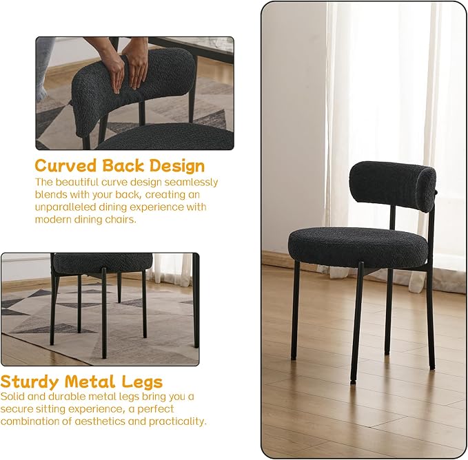 EDWELL Black Boucle Dining Chairs Set of 4, Mid Century Modern Dining Room Chairs with 3.94“ Cushions, Round Upholstered Kitchen Chairs with Black Metal Legs for Dining Chair, Living Room