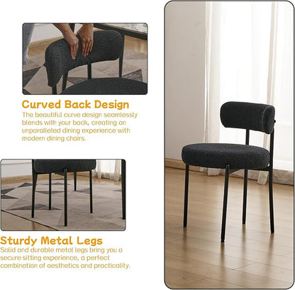 EDWELL Black Boucle Dining Chairs Set of 4, Mid Century Modern Dining Room Chairs with 3.94“ Cushions, Round Upholstered Kitchen Chairs with Black Metal Legs for Dining Chair, Living Room