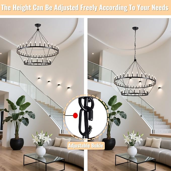 ANKYLHUA 60 Inch Black Extra Large Wagon Wheel Chandelier, 2 Tier 54-Lights Farmhouse Chandeliers Industrial Round High Ceiling Pendant Light for Dining Room, Living Room, Entryway