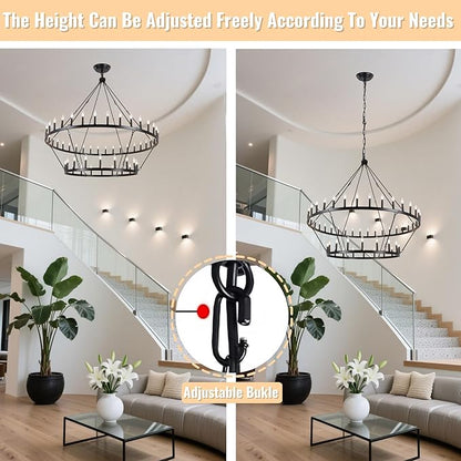 ANKYLHUA 60 Inch Black Extra Large Wagon Wheel Chandelier, 2 Tier 54-Lights Farmhouse Chandeliers Industrial Round High Ceiling Pendant Light for Dining Room, Living Room, Entryway