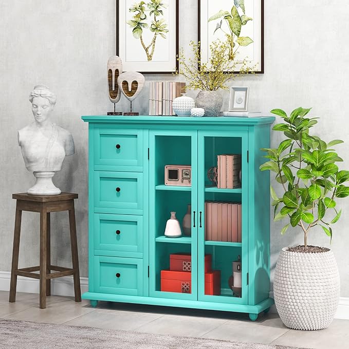 Giantex Buffet Sideboard with Storage - Kitchen Pantry Cabinet with 2 Doors, 4 Drawers, Adjustable Shelf, Freestanding Cupboard Credenza for Kitchen Living Room (Green)