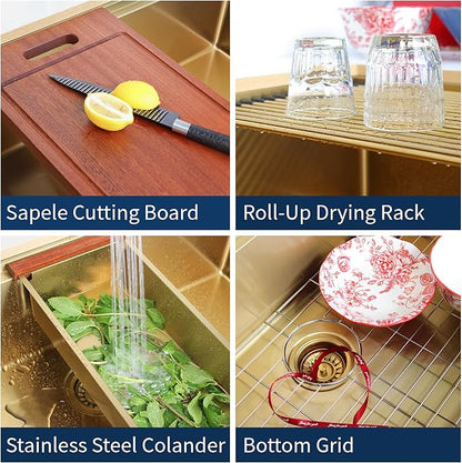 32 inch Gold Stainless Steel Undermount Kitchen Sink - CELAENO 32x19 Handmade 16 Gauge Single Bowl Workstation Sink, 10 Inch Deep Modern Kitchen Sink is Equipped with Various Accessories