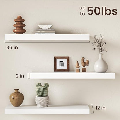36Inch White Floating Shelves for Wall, 12 Inch Deep Shelves for Bedroom, Kitchen, Bathroom Wall Mounted, Rustic Wood Floating Shelf with Invisible Brackets for Books, Storage, Decor, 2 Packs