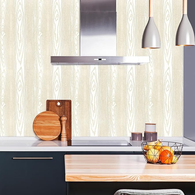 Yun-aeon Beige and Gold Wood Contact Paper 17.3"x200" Rustic Wooden Peel and Stick Wallpaper Removable Self-Adhesive Wallpaper Wood Grain Contact Paper for Countertops Cabinets