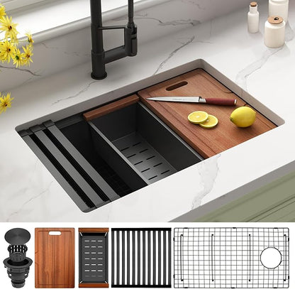 Black Undermount Kitchen Sink 28 inch,16 Gauge Stainless Steel Sinks,Single Bowl Workstation Sink,Modern Kitchen Sink Offset Drain (28" X 18")