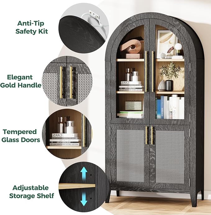 63" Arched Storage Cabinet, 5-Tier Modern Arched Cabinet with Glass Doors, Tall Arched Cabinet Adjustable for Living Room, Dining Room Office, Black ﻿