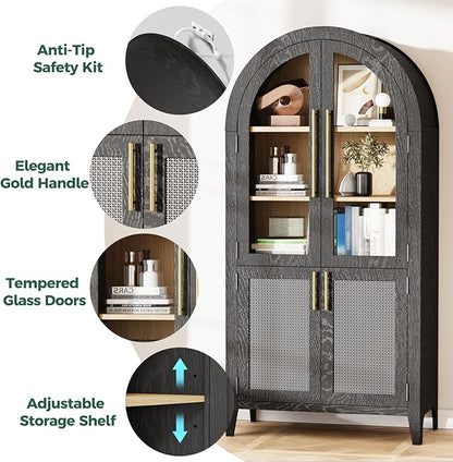 63" Arched Storage Cabinet, 5-Tier Modern Arched Cabinet with Glass Doors, Tall Arched Cabinet Adjustable for Living Room, Dining Room Office, Black ﻿