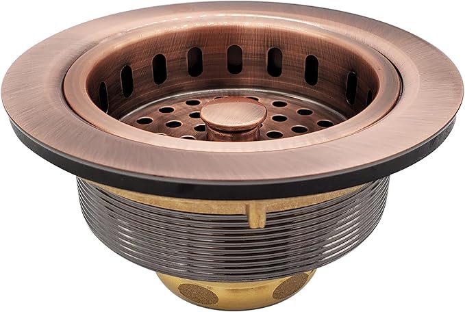 Westbrass A2165-11 4-1/4" OD Post Style Large Kitchen Basket Strainer with Waste Disposal Flange and Stopper Drain Set, Antique Copper