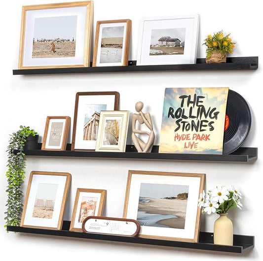FLYJOE Picture Ledge Wall Shelves 48 inches Width Set of 3, Solid Pine Wood Rustic Floating Ledge Shelves for Wall for Kids' Room Bedroom Kitchen Bathroom Long Floating Shelves for Wall Decor, Black