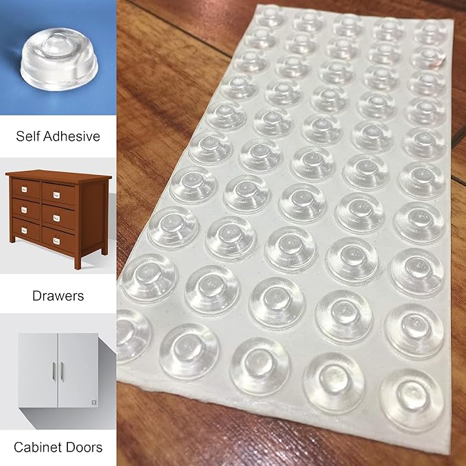 Pack of 100 Sound Dampening Cabinet Door Bumpers - Clear Soft Close Self Adhesive Rubber Pads - Transparent Rubber Feet for Drawers, Cupboards