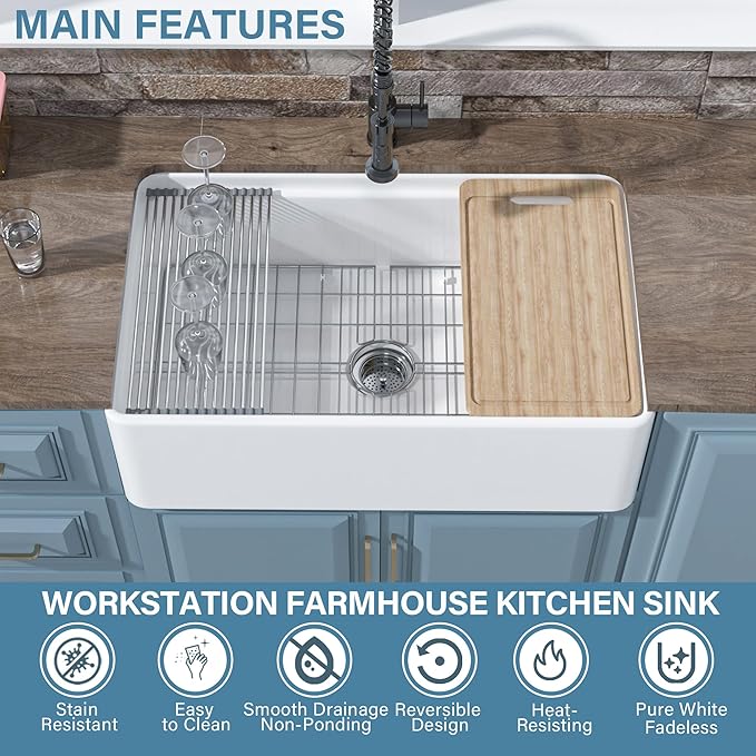 White Farmhouse Workstation Sink 33 x 20 Inch, Firecaly Apron Front Undermount Farm Sink, Single Bowl, w Accessories 4 Types, Reversible (Sleek & Fluted Optional), Pure White, for Kitchen