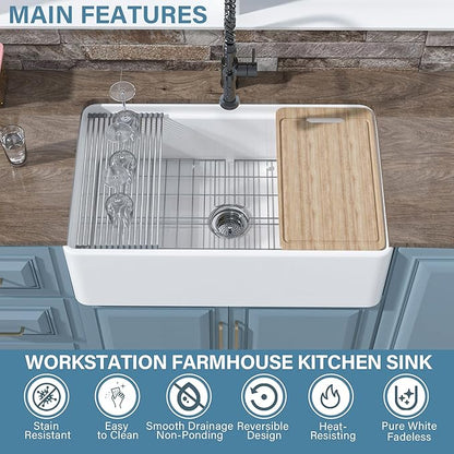 White Farmhouse Workstation Sink 33 x 20 Inch, Firecaly Apron Front Undermount Farm Sink, Single Bowl, w Accessories 4 Types, Reversible (Sleek & Fluted Optional), Pure White, for Kitchen