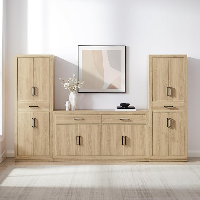 Crosley Furniture Isla 3-Piece Modern Sideboard Buffet Cabinet and Kitchen Storage Pantry Set, Ash