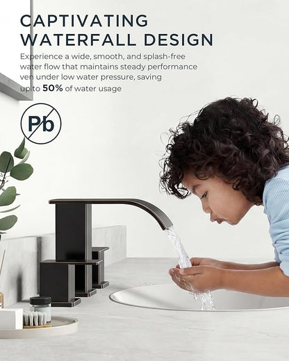 FORIOUS Oil Rubbed Bronze Bathroom Faucets 3 Hole, Waterfall Square 8 Inch Widespread Bathroom Sink Faucet with Metal Pop-up Drain and Supply Lines, Two Handles for Vanity, RV, Farmhouse