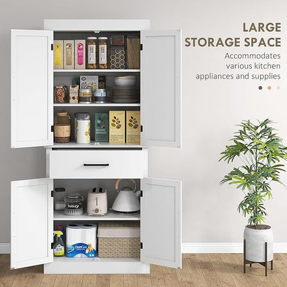 72" H Farmhouse Kitchen Pantry, Freestanding Storage Cabinet with 4 Barn Doors, Drawer, 5-Tier Shelf and Adjustable Shelves, White, Easy to Maintain, for Dining Room