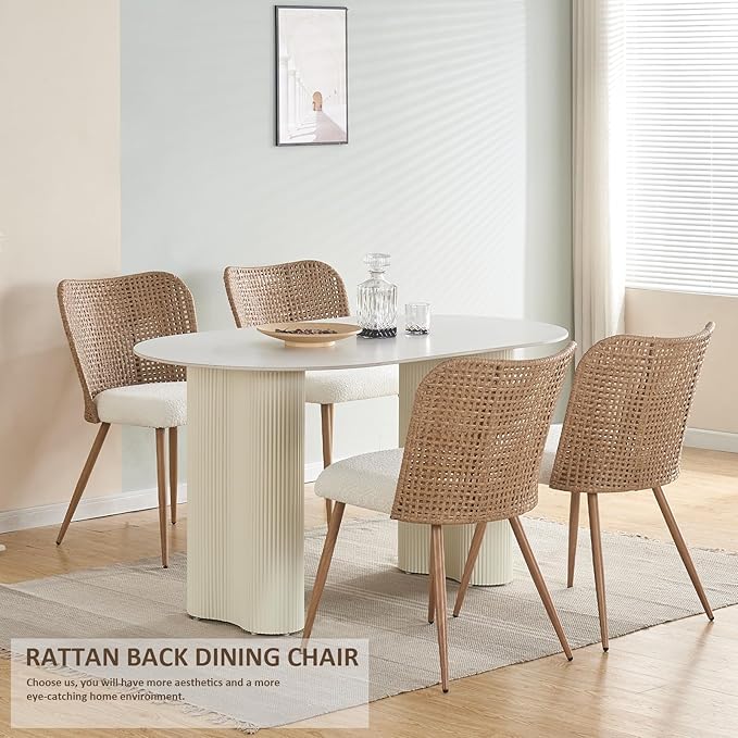 Rattan Dining Chairs, Modern Kitchen Chairs with Cane Woven Backrest Seat, Armless PE Wicker Accent Chairs for Dining Room with Metal Legs,Lamb White
