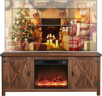 YESHOMY Fireplace TV Stand with Two Barn Doors and Storage Cabinets for Televisions up to 65+ Inch, Entertainment Center Console Table, Media Furniture for Living Room, 58 Inch, Brown