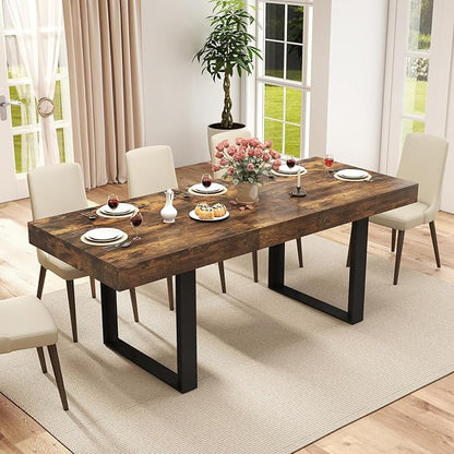 Zevemomo 63"-78.7" Rectangular Extendable Dining Table, 6-8 Extendable Dining Table, Conference Table, Kitchen Table with Slide Track, Tapered U-Shaped Wood Legs for Office, Living Room-Rustic Brown