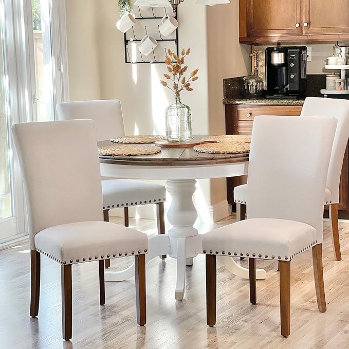 COLAMY Upholstered Parsons Dining Chairs Set of 4, Fabric Dining Room Kitchen Side Chair with Nailhead Trim and Wood Legs - Beige,No Table