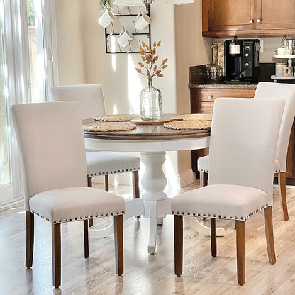 COLAMY Upholstered Parsons Dining Chairs Set of 4, Fabric Dining Room Kitchen Side Chair with Nailhead Trim and Wood Legs - Beige,No Table