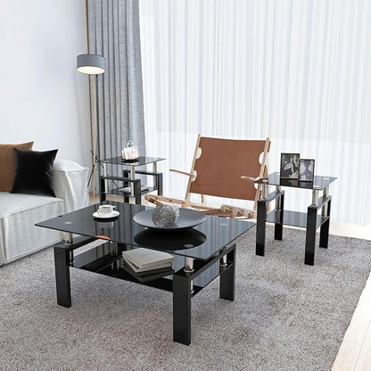 IANIYA 3 Piece Living Room Table Set, Modern Tempered Glass Coffee Table Set, Glass Coffee Table Black Metal Frame End Table for Living Room Apartment Small Space