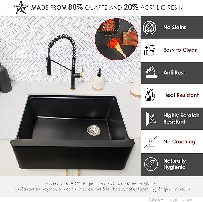 Stylish 30 x 21 Inch Farmhouse Composite Granite Apron Front Workstation Kitchen Sink, Single Bowl Undermount/Flush-Mount, 10 in Deep, with Cutting Board, Colander & Strainer, Black, S-830WN