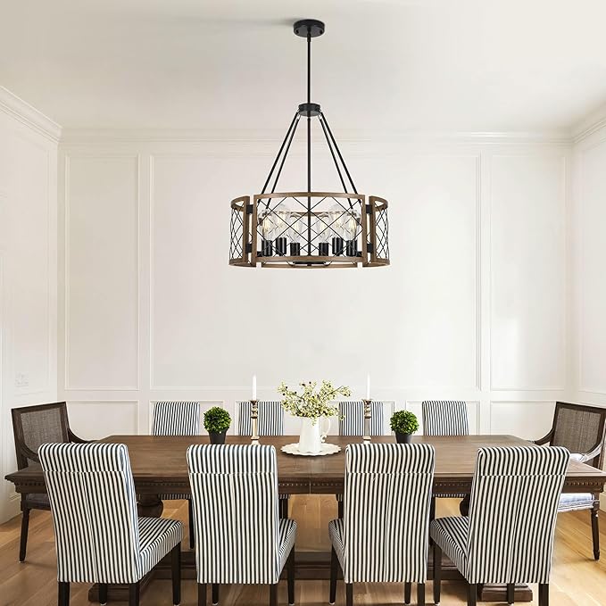 Sigaitwei 6-Light Large Farmhouse Chandelier Brown Rustic Chandelier for Dining Room Wood Texture Adjustable Pendant Light,Drum Chandelier for Kitchen Island Entryway Bedroom Hallway,21.7'',E26.