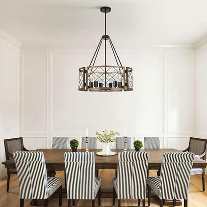 Sigaitwei 6-Light Large Farmhouse Chandelier Brown Rustic Chandelier for Dining Room Wood Texture Adjustable Pendant Light,Drum Chandelier for Kitchen Island Entryway Bedroom Hallway,21.7'',E26.
