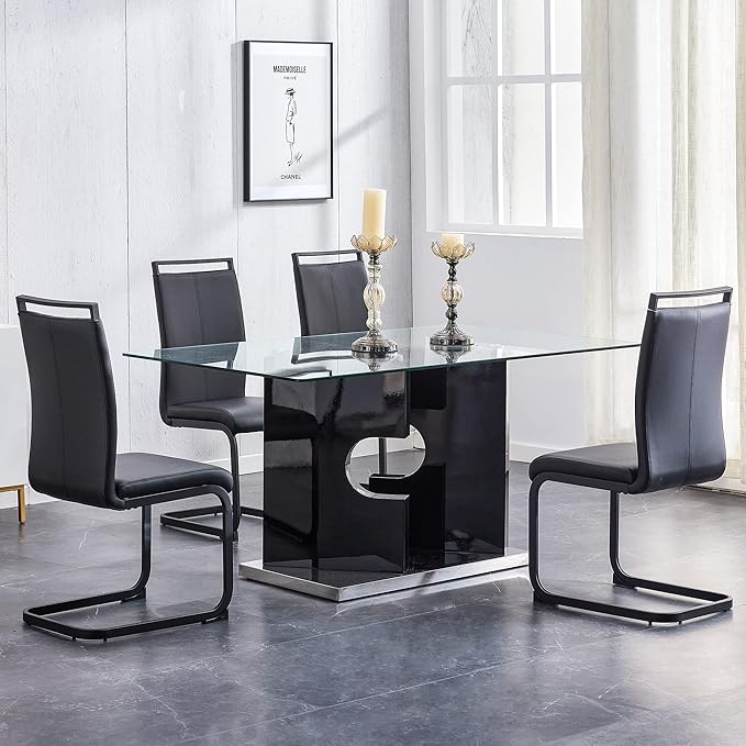 63” Glass Dining Table for 4–6 People, Modern Kitchen Table with Tempered Glass Top, Dining Room Table with Black MDF Legs for Kitchen Dining Room