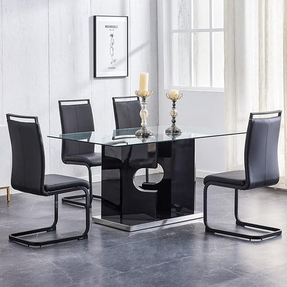 63” Glass Dining Table for 4–6 People, Modern Kitchen Table with Tempered Glass Top, Dining Room Table with Black MDF Legs for Kitchen Dining Room