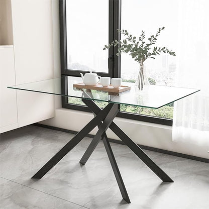 51.18" Rectangular Glass Dining Table, Tempered Glass Kitchen Tabe with Metal Legs, Stylish and Sturdy Dinner Table for Home and Outdoor Dining (Black, 51.18'')