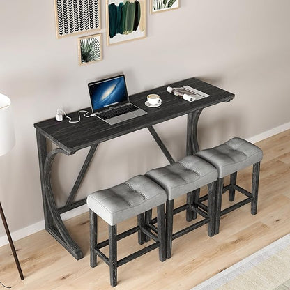 HABITRIO Bar Table and Chairs Set, 4 Piece Kitchen Table Set with Power Outlet, High Top Table with 3 Fabric stools for Small Space, Dining Room, Black