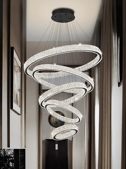 Modern 5 Ring Chandeliers for High Ceiling Foyer,Luxury Dimmable Crystal Ceiling Light Fixtures Staircase Entrance Villa Large Black Chandelier D8''+15.7"+23.6"+31.5"+39.4"