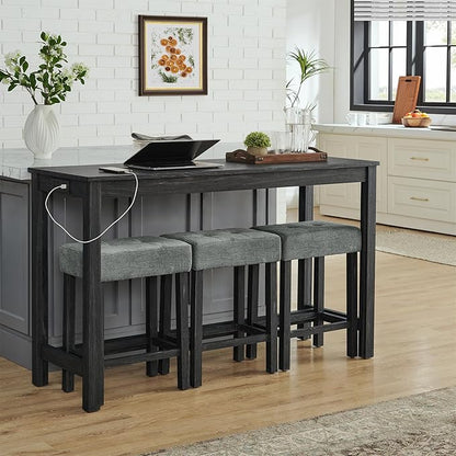 59" Bar Table Set with Power Outlet - 4 Piece Dining Table and 3 Upholstered Stools, Counter Height Pub Table with Charging Station, Fordining Room, Kitchen Island Table with Seating Pub Table Set