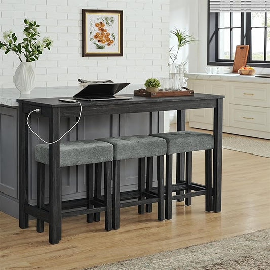 59" Bar Table Set with Power Outlet - 4 Piece Dining Table and 3 Upholstered Stools, Counter Height Pub Table with Charging Station, Fordining Room, Kitchen Island Table with Seating Pub Table Set