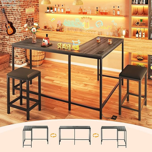 HUAHUU L Shaped Bar Table with 2 Stools, 63‘’ Bar Height Table with Power Outlets, Convertible Corner Counter Height Bar Table, Rectangular High Top Table for Small Spaces, Breakfast Nook, Grey Oak