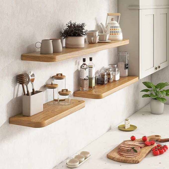 Reclaimed Elm Wood Floating Shelves for Wall Round Edge, 39"W x 9.2"D x 1.37"H, Set of 2 with Invisible Bracket, Wall Mounted Shelves for Living Room Bedroom Kitchen Bathroom Decor, Natural Finish