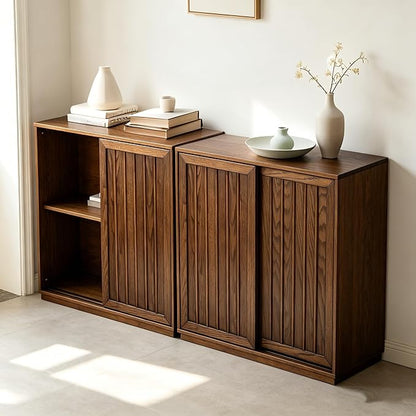 Amposei Mid Century Modern Sideboard Cabinet | Slim Fluted Credenza with Sliding Doors | Narrow Storage Buffet Console Table for Small Spaces, Living Room, Entryway, Kitchen (Walnut, 32")