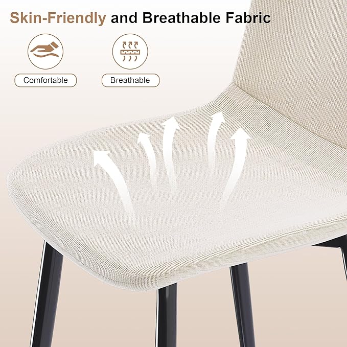 Knit Fabric Dining Chairs with Iron Legs - Restaurant Seating, Comfortable Upholstered Armless Side Chair for Kitchen, Beige (4 Chairs)