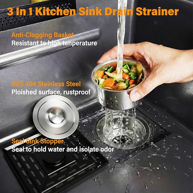 Drop In Kitchen Sink with Faucet, 29.5x17.7x10" Basin Depth Undermount Kitchen Sinks, Stainless Steel Sink with Cup Washer, Drain Strainer, Cutting Board, Colander, Storage Basket & Roll-up Rack