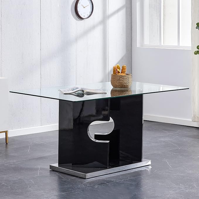 63” Glass Dining Table for 4–6 People, Modern Kitchen Table with Tempered Glass Top, Dining Room Table with Black MDF Legs for Kitchen Dining Room