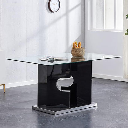 63” Glass Dining Table for 4–6 People, Modern Kitchen Table with Tempered Glass Top, Dining Room Table with Black MDF Legs for Kitchen Dining Room
