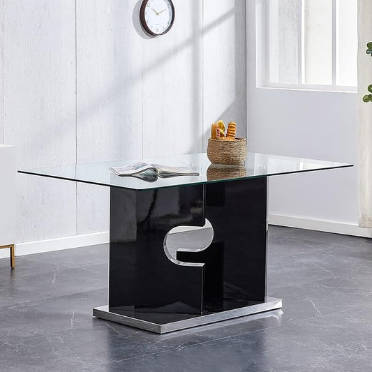 63” Glass Dining Table for 4–6 People, Modern Kitchen Table with Tempered Glass Top, Dining Room Table with Black MDF Legs for Kitchen Dining Room