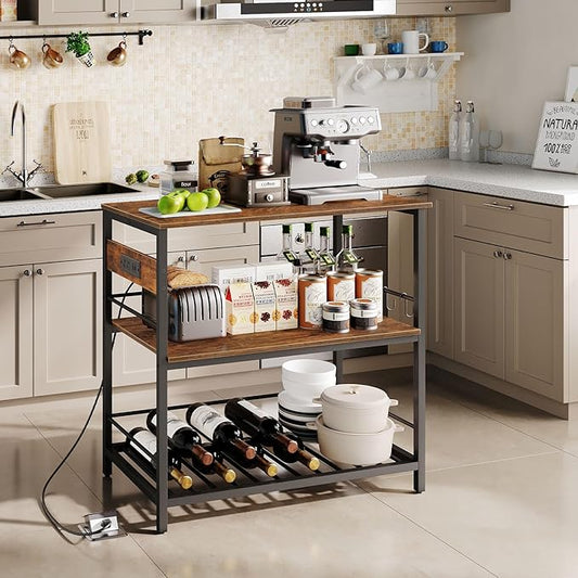 HOOBRO Kitchen Island with Storage, Kitchen Island Table with Power Outlet, 47.2" L 3 Tier Kitchen Counter and Microwave Stand, for Home, Kitchen and Dining Room, Rustic Brown and Black BF120UZD01